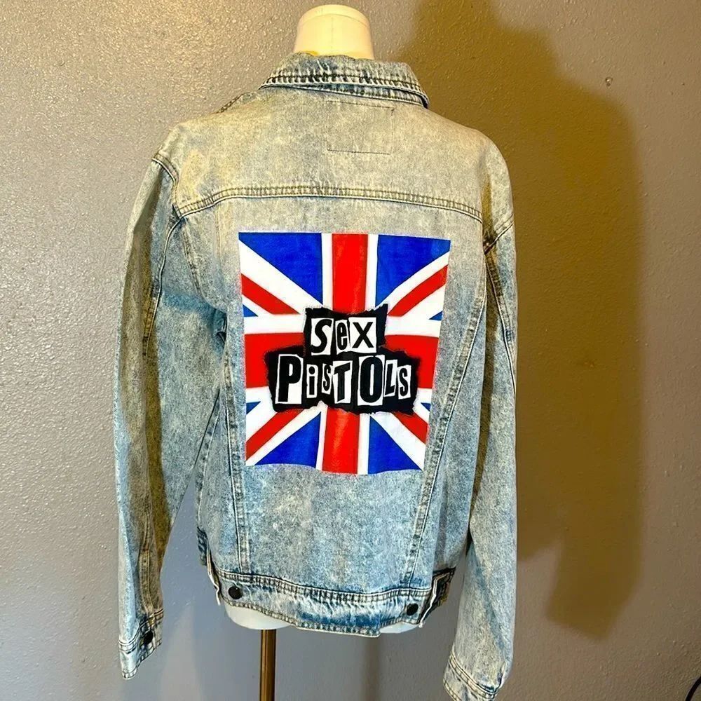 Sex Pistols men’s custom made denim jean jacket size L